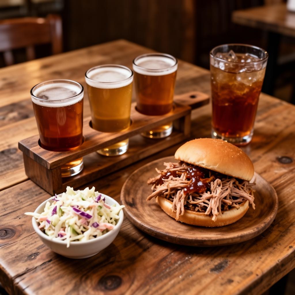 Southern BBQ pulled pork sandwich with craft beer flight and coleslaw at a restaurant in High Point North Carolina