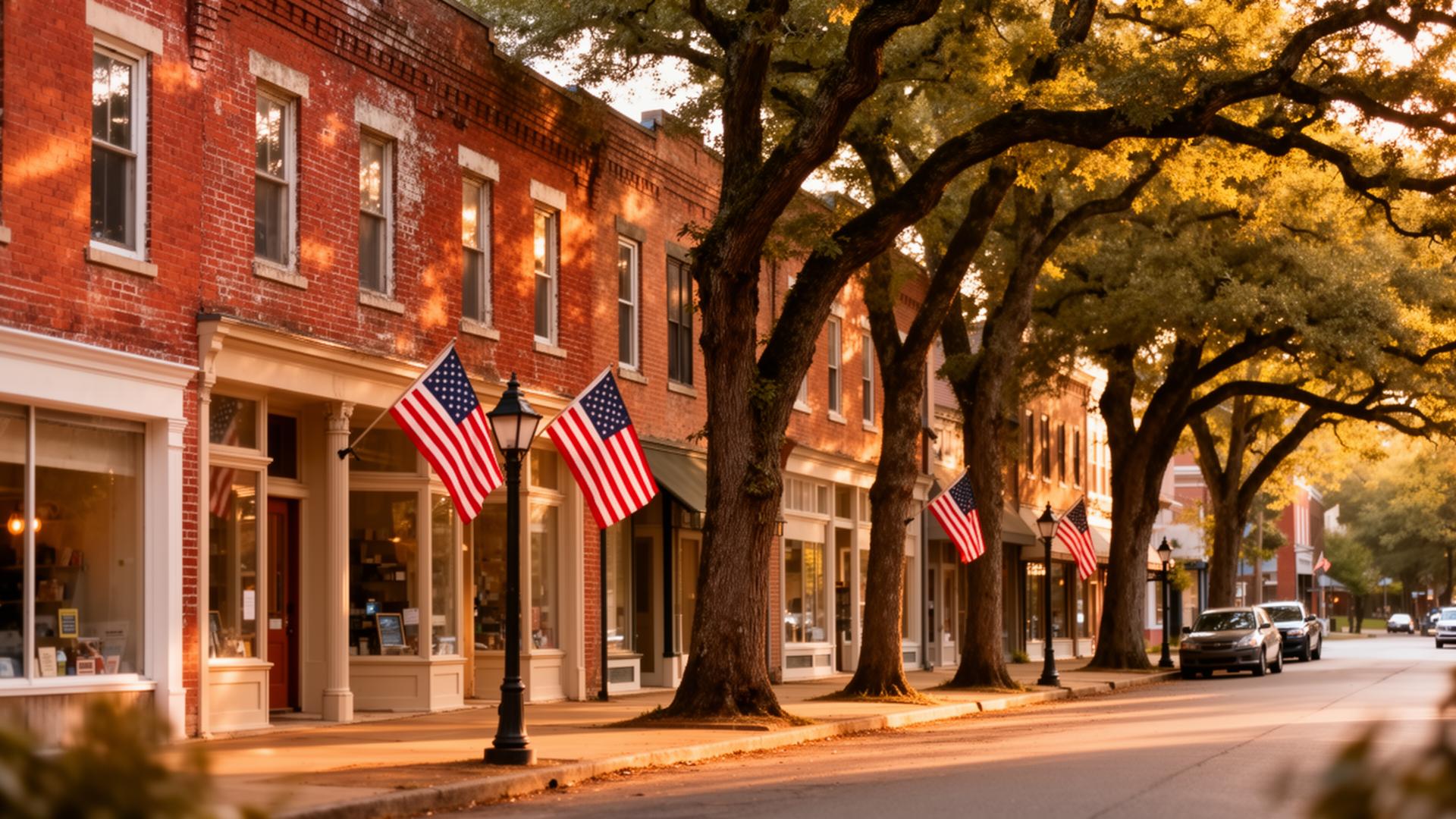 Historic red brick buildings and oak tree lined street in downtown High Point North Carolina at golden hour