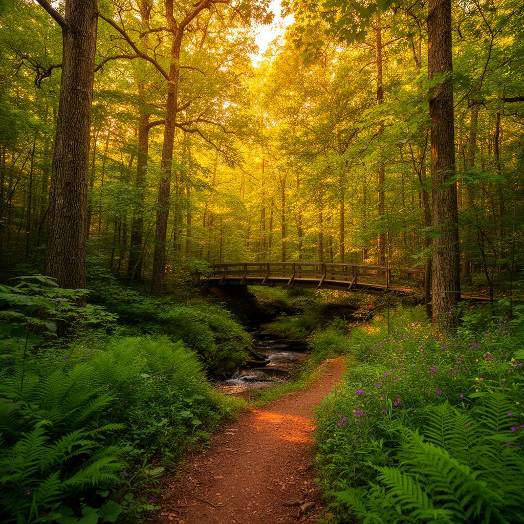 Sunlit hiking trail through lush hardwood forest with wooden footbridge over a creek near High Point North Carolina