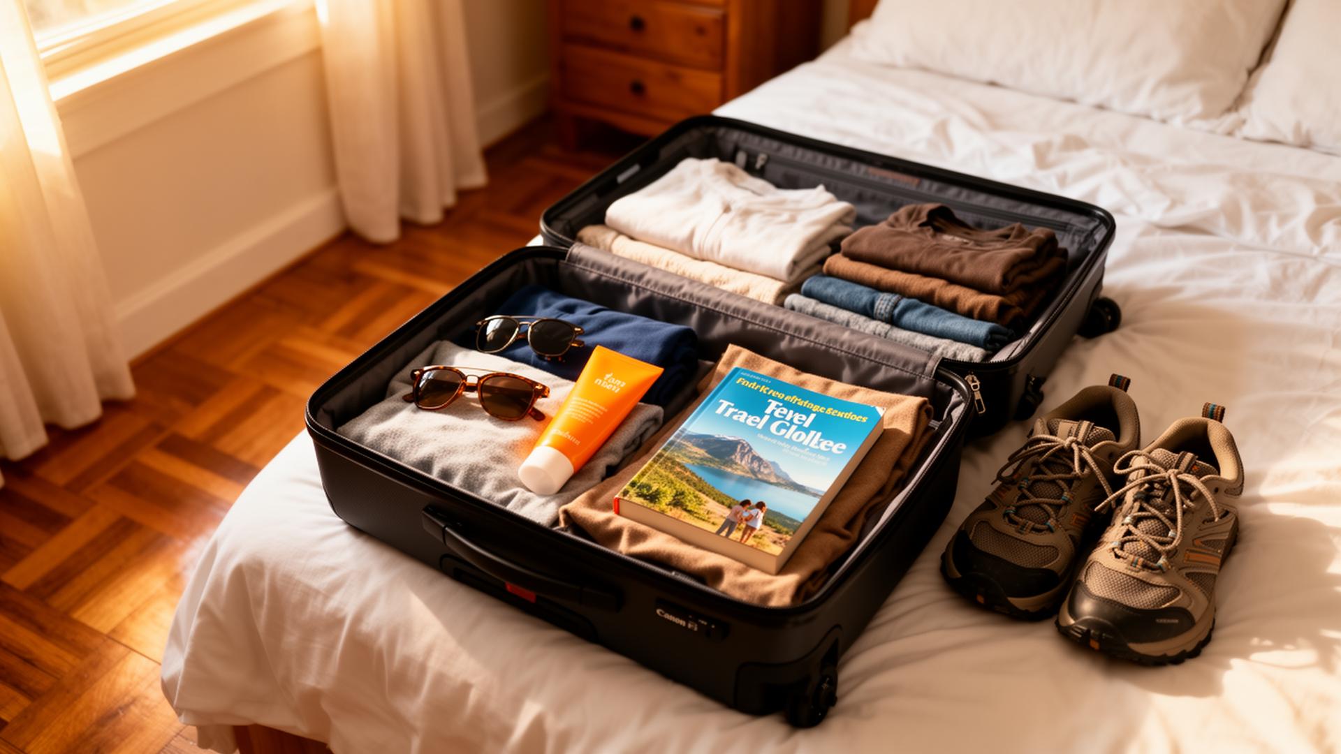Open suitcase with neatly folded clothes sunglasses sunscreen travel guide and walking shoes on a bed in a cozy vacation rental bedroom with hardwood floors