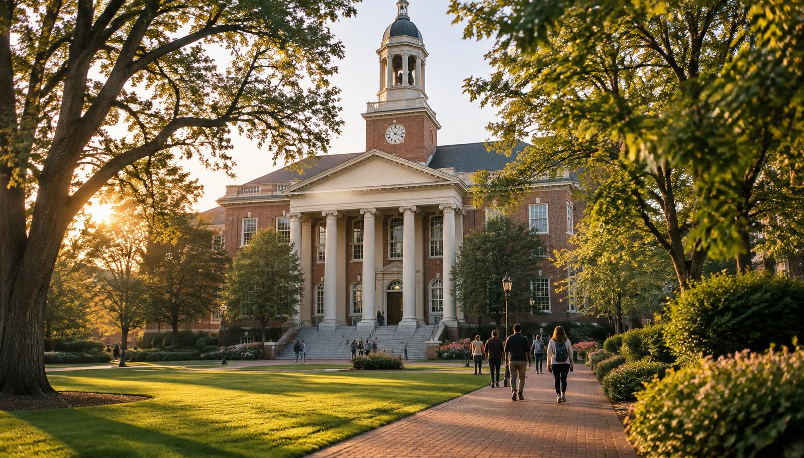 Red brick collegiate building with white columns and clock tower framed by oak trees on a university campus in High Point North Carolina at golden hour